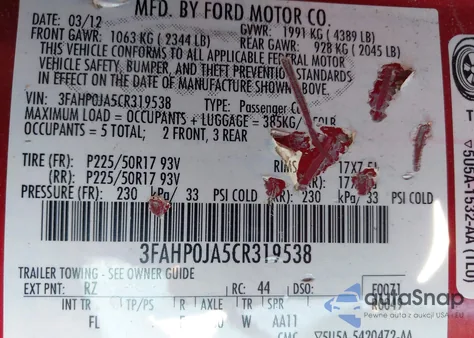 2012 Ford Fusion Sel z USA, uszkodzony, nr VIN 3FAHP0JA5CR319538